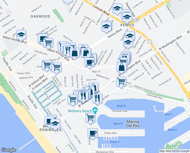 map of restaurants, bars, coffee shops, grocery stores, and more near 2329 Wilson Avenue in Los Angeles