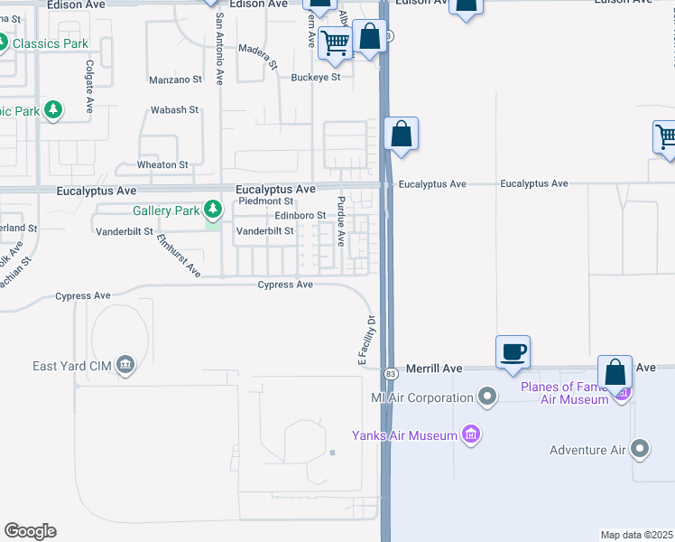 map of restaurants, bars, coffee shops, grocery stores, and more near 6958 Clemson Street in Chino