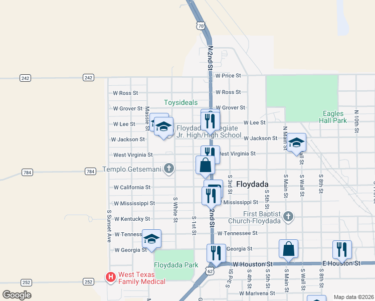 map of restaurants, bars, coffee shops, grocery stores, and more near 602 West Virginia Street in Floydada
