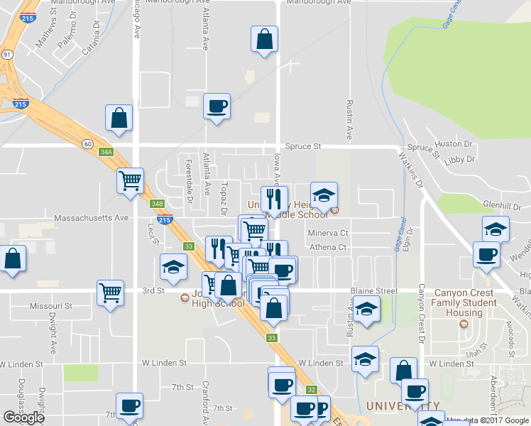 map of restaurants, bars, coffee shops, grocery stores, and more near 1311 Massachusetts Avenue in Riverside