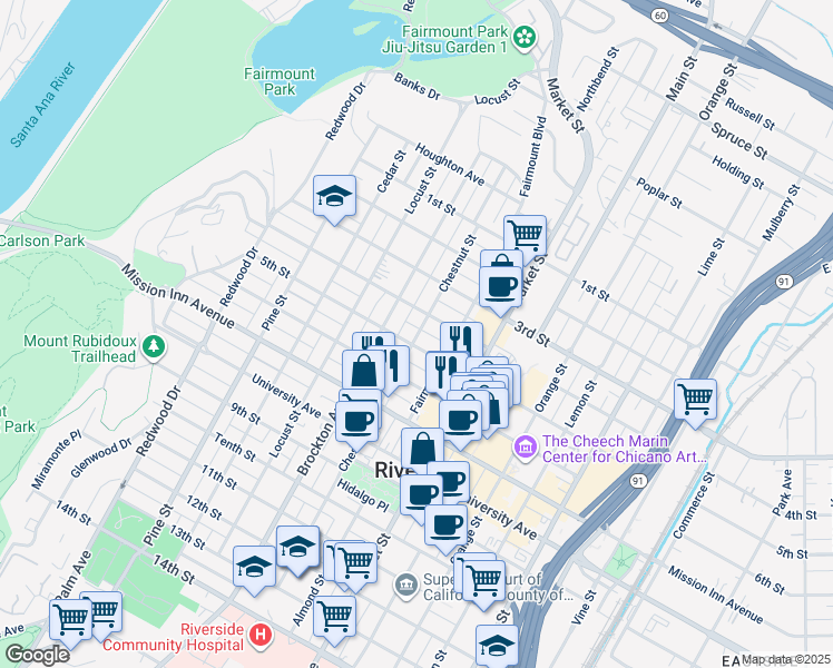map of restaurants, bars, coffee shops, grocery stores, and more near 4039 5th Street in Riverside
