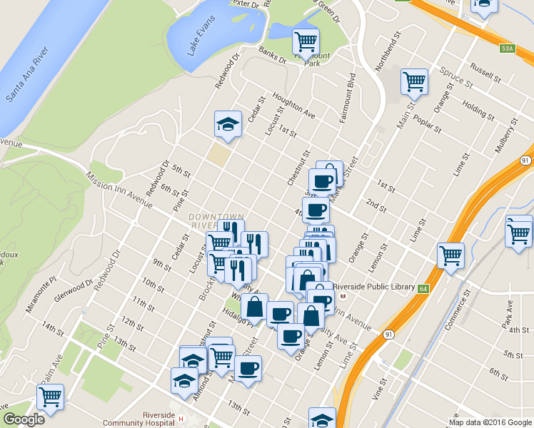 map of restaurants, bars, coffee shops, grocery stores, and more near 4039 5th Street in Riverside