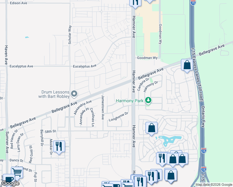 map of restaurants, bars, coffee shops, grocery stores, and more near 5714 Raft Circle in Corona