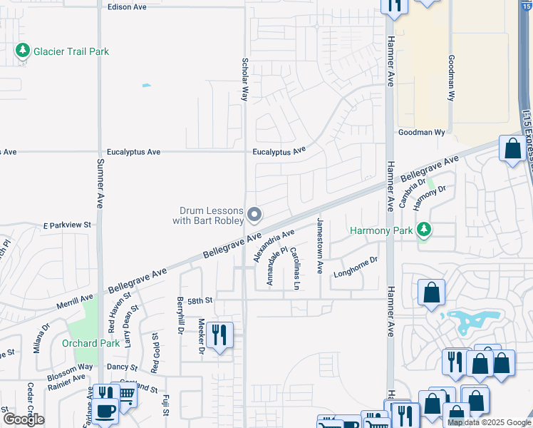 map of restaurants, bars, coffee shops, grocery stores, and more near County Boundary in Corona