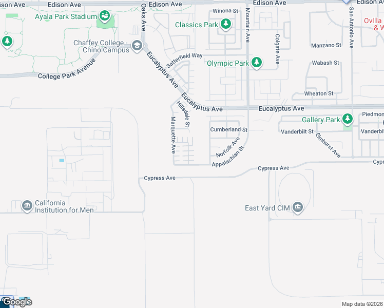 map of restaurants, bars, coffee shops, grocery stores, and more near 14681 Marist Lane in Chino