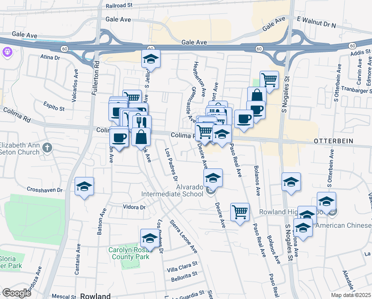 map of restaurants, bars, coffee shops, grocery stores, and more near 18600 Colima Road in Rowland Heights
