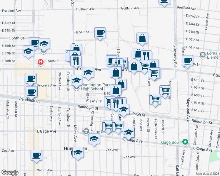 map of restaurants, bars, coffee shops, grocery stores, and more near 3071 Belgrave Avenue in Huntington Park