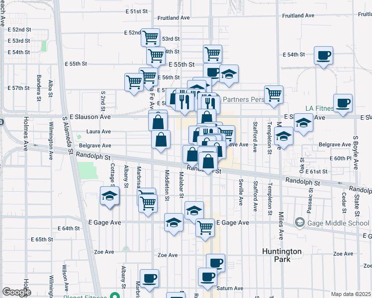 map of restaurants, bars, coffee shops, grocery stores, and more near 2524 Belgrave Avenue in Huntington Park