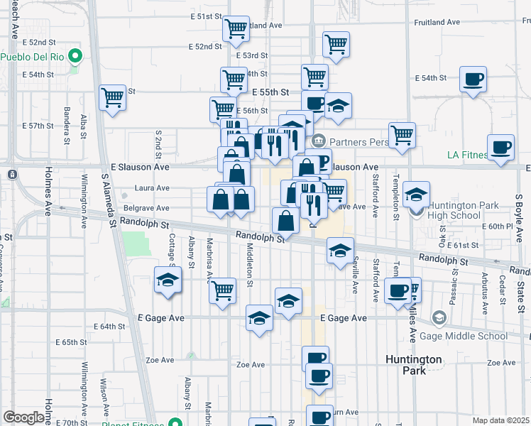 map of restaurants, bars, coffee shops, grocery stores, and more near 2462 Belgrave Avenue in Huntington Park