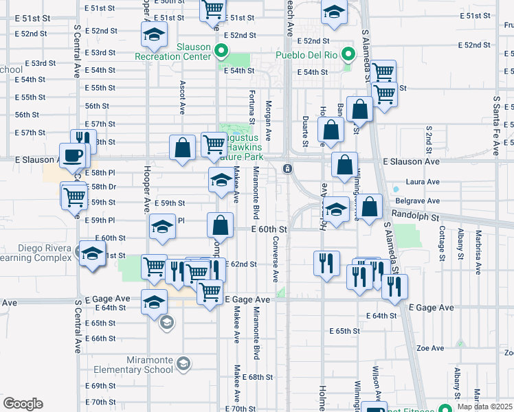 map of restaurants, bars, coffee shops, grocery stores, and more near 5900 Miramonte Boulevard in Los Angeles