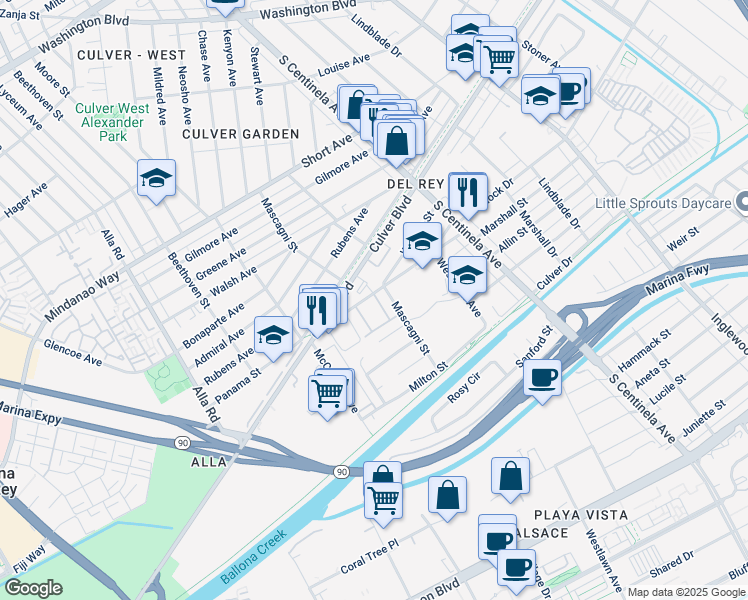 map of restaurants, bars, coffee shops, grocery stores, and more near 12530 Braddock Drive in Los Angeles