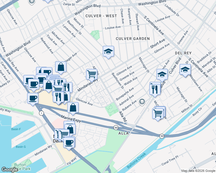map of restaurants, bars, coffee shops, grocery stores, and more near 4518 Alla Road in Los Angeles