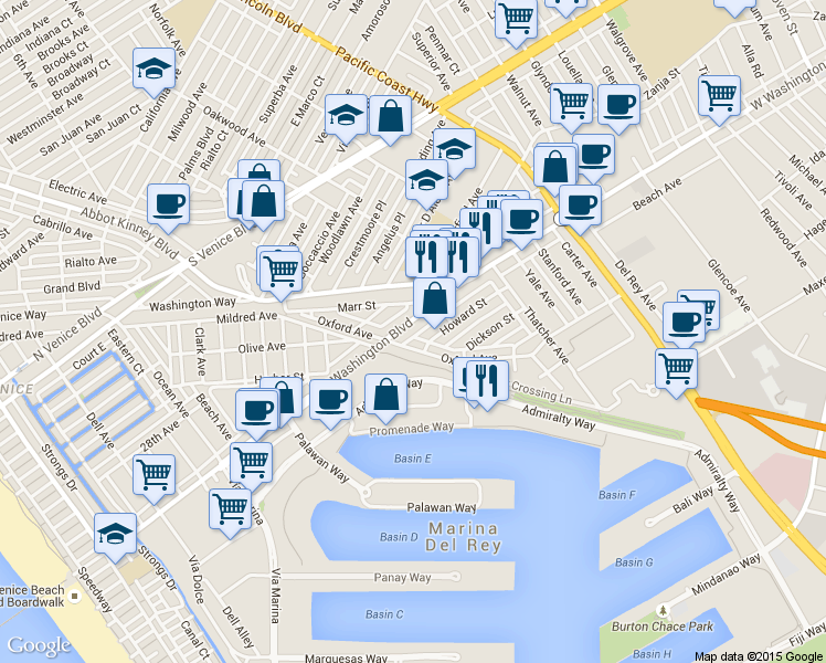 map of restaurants, bars, coffee shops, grocery stores, and more near 740 Washington Boulevard in Marina del Rey