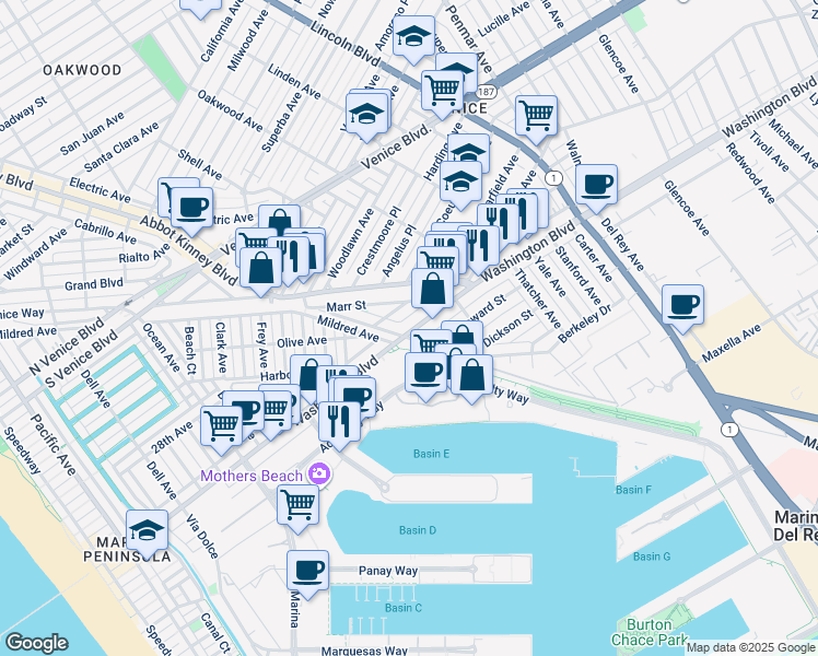 map of restaurants, bars, coffee shops, grocery stores, and more near 701 West Washington Boulevard in Los Angeles