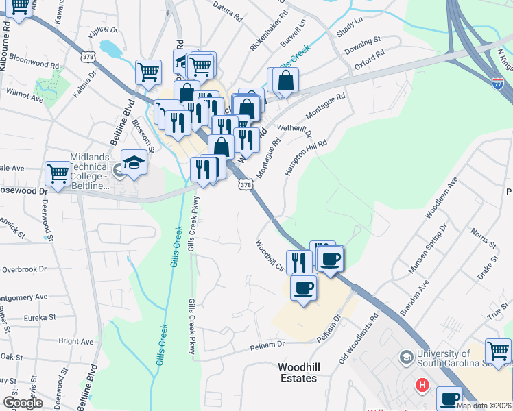 map of restaurants, bars, coffee shops, grocery stores, and more near 163 Promontory Road in Columbia