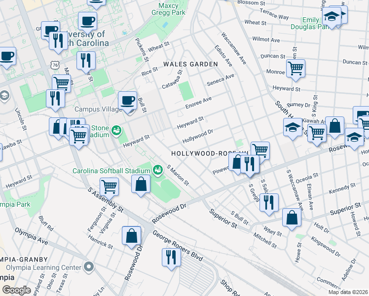 map of restaurants, bars, coffee shops, grocery stores, and more near 137 South Pickens Street in Columbia