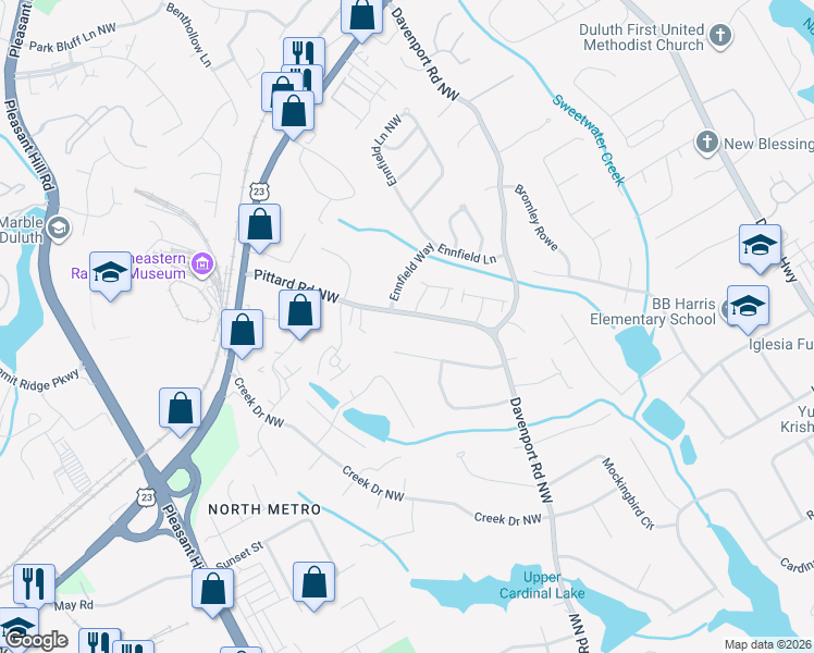 map of restaurants, bars, coffee shops, grocery stores, and more near 3418 Pittard Road Northwest in Duluth