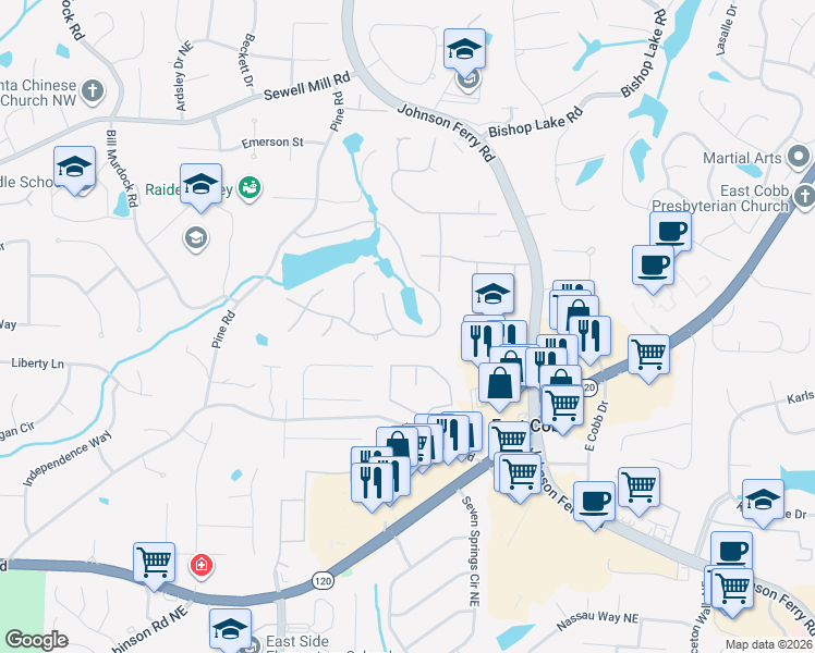 map of restaurants, bars, coffee shops, grocery stores, and more near 4050 Penhurst Dr in Marietta