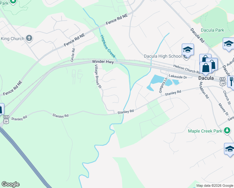 map of restaurants, bars, coffee shops, grocery stores, and more near 2095 Villa Spring Court in Dacula