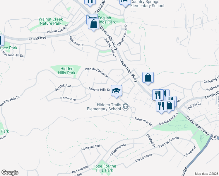 map of restaurants, bars, coffee shops, grocery stores, and more near 2208 Rancho Hills Drive in Chino Hills