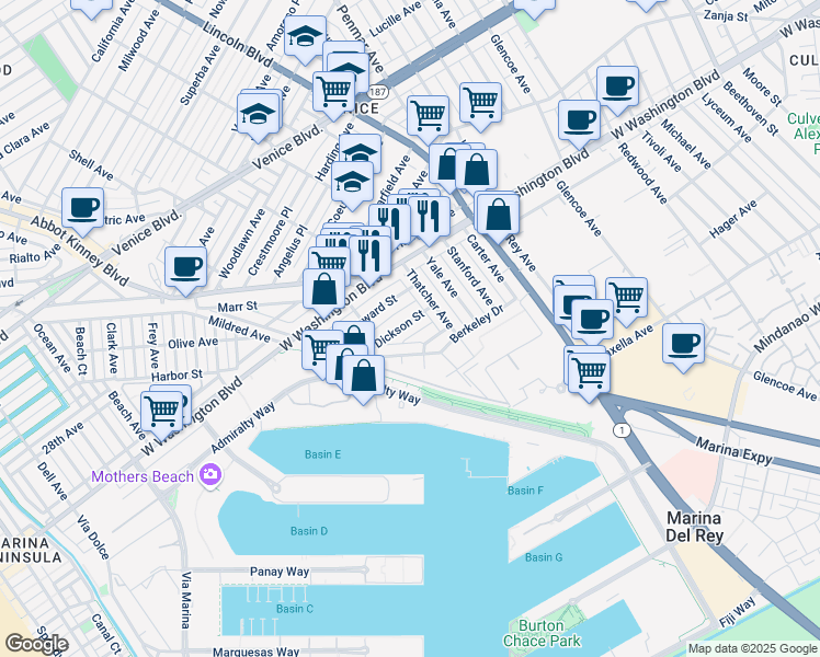 map of restaurants, bars, coffee shops, grocery stores, and more near 910 Dickson Street in Marina del Rey
