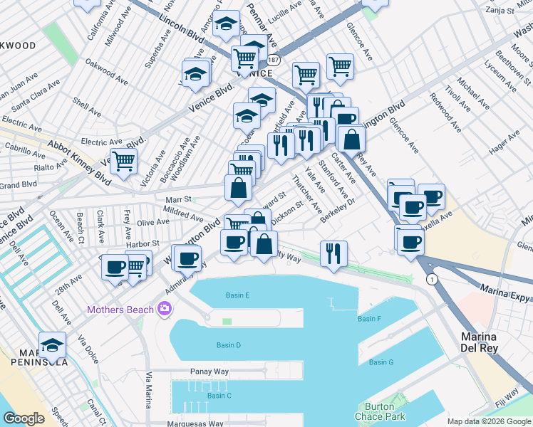 map of restaurants, bars, coffee shops, grocery stores, and more near 748 Howard Street in Marina del Rey