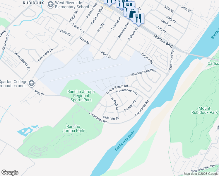 map of restaurants, bars, coffee shops, grocery stores, and more near 5392 Flabob Avenue in Riverside