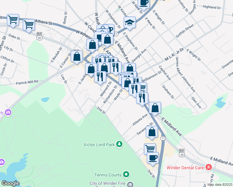 map of restaurants, bars, coffee shops, grocery stores, and more near 19 Wade Street in Winder