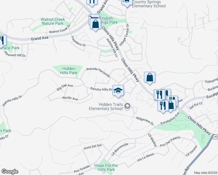 map of restaurants, bars, coffee shops, grocery stores, and more near 2208 Rancho Hills Drive in Chino Hills