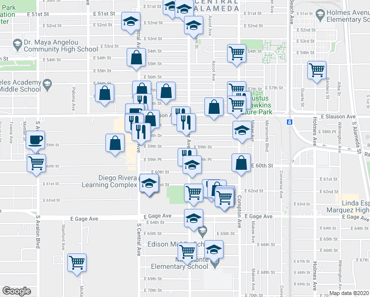 map of restaurants, bars, coffee shops, grocery stores, and more near 1246 East 59th Street in Los Angeles