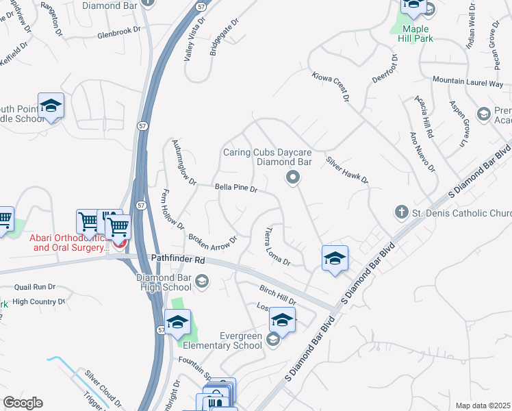 map of restaurants, bars, coffee shops, grocery stores, and more near 21552 Carriso Road in Diamond Bar