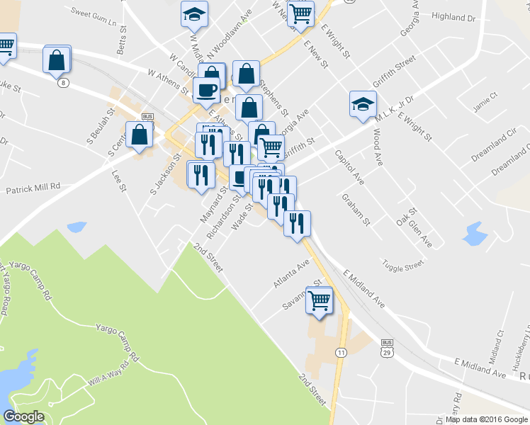 map of restaurants, bars, coffee shops, grocery stores, and more near 111 East May Street in Winder