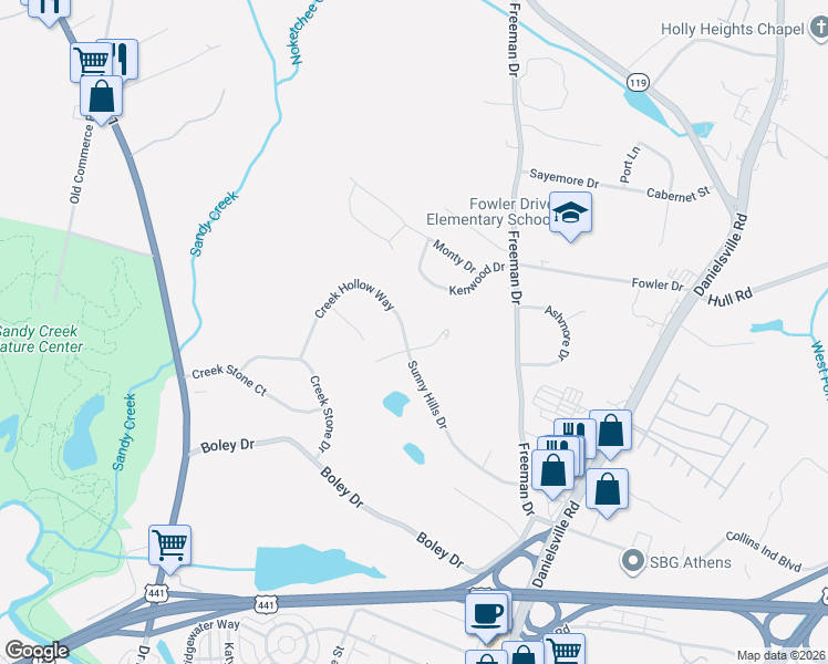 map of restaurants, bars, coffee shops, grocery stores, and more near 561 Creek Hollow Way in Athens