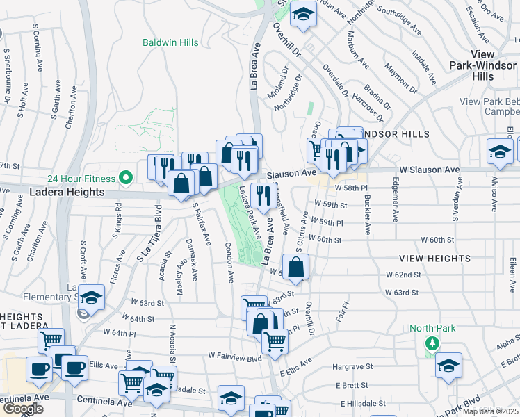 map of restaurants, bars, coffee shops, grocery stores, and more near 5853 South La Brea Avenue in View Park-Windsor Hills