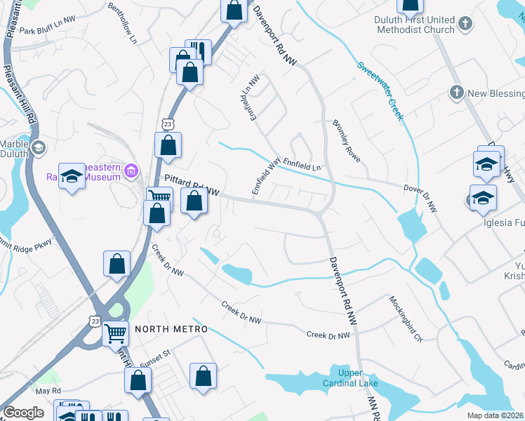 map of restaurants, bars, coffee shops, grocery stores, and more near 3418 Pittard Rd NW in Duluth