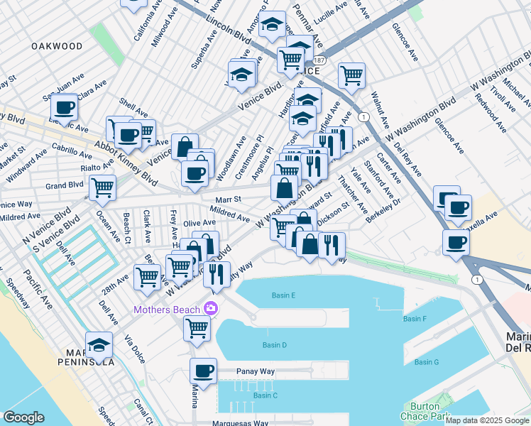 map of restaurants, bars, coffee shops, grocery stores, and more near 701 Washington Boulevard in Marina del Rey