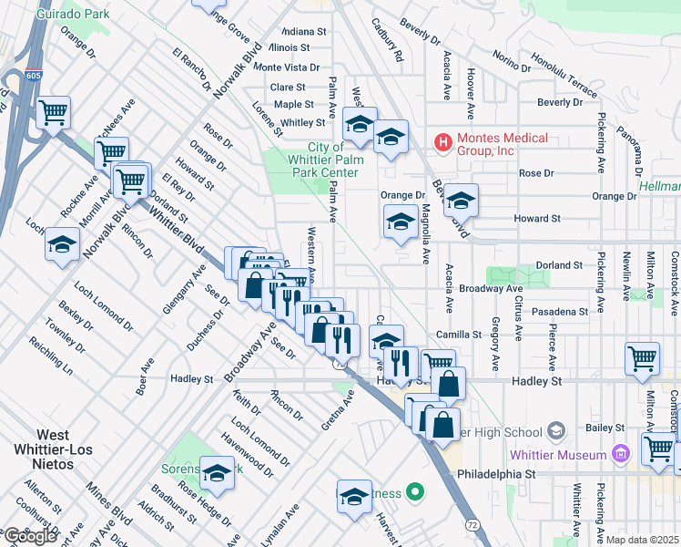 map of restaurants, bars, coffee shops, grocery stores, and more near 6044 Palm Avenue in Whittier