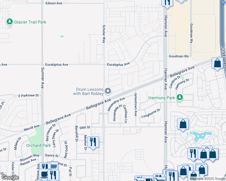map of restaurants, bars, coffee shops, grocery stores, and more near County Boundary in Corona