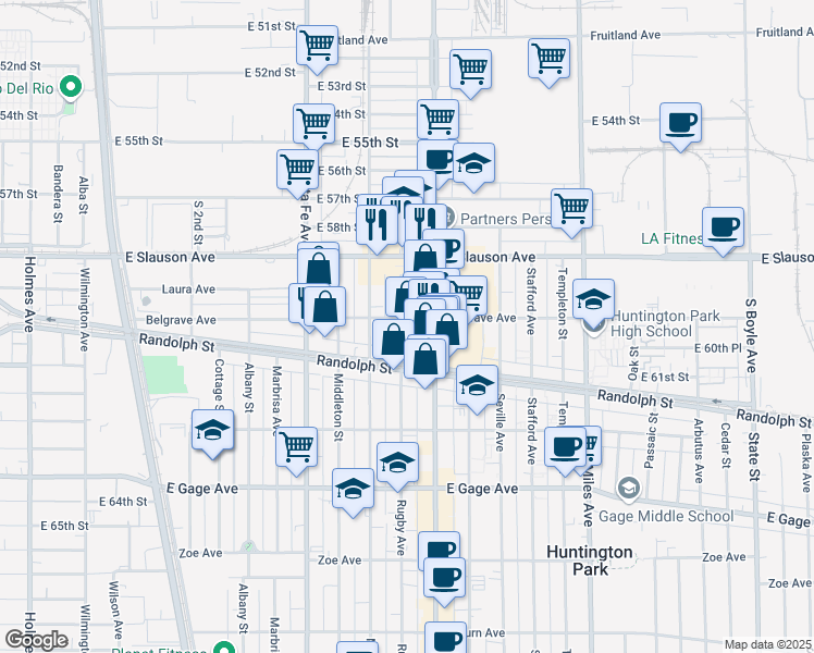 map of restaurants, bars, coffee shops, grocery stores, and more near 2524 Belgrave Avenue in Huntington Park