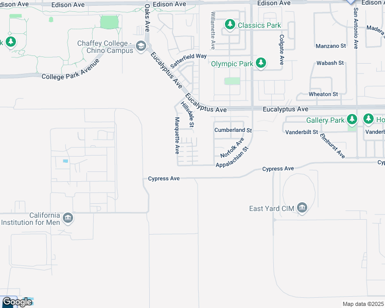 map of restaurants, bars, coffee shops, grocery stores, and more near Marist Lane in Chino