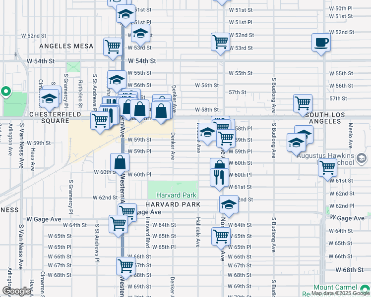 map of restaurants, bars, coffee shops, grocery stores, and more near 1531 West 59th Place in Los Angeles