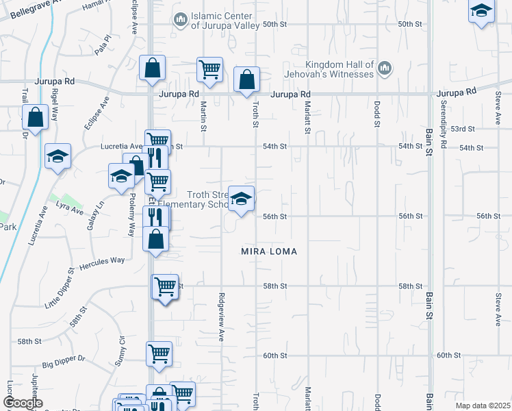 map of restaurants, bars, coffee shops, grocery stores, and more near 5565 Troth Street in Jurupa Valley