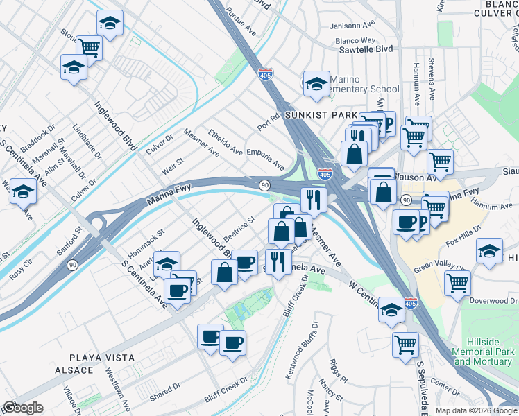 map of restaurants, bars, coffee shops, grocery stores, and more near 11855 Beatrice Street in Culver City