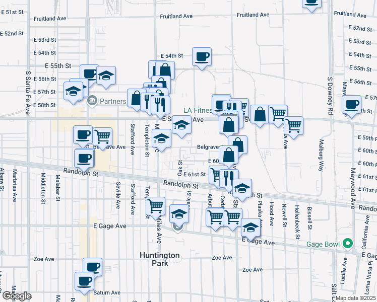 map of restaurants, bars, coffee shops, grocery stores, and more near 2928 Belgrave Avenue in Huntington Park