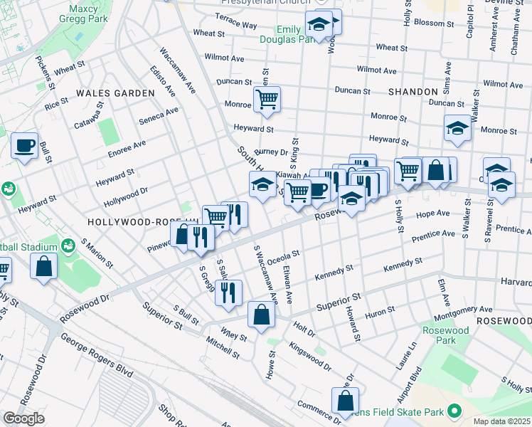 map of restaurants, bars, coffee shops, grocery stores, and more near 334 Etiwan Ave in Columbia