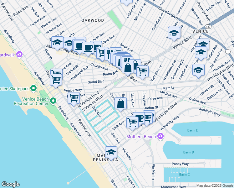 map of restaurants, bars, coffee shops, grocery stores, and more near 2309 Beach Avenue in Los Angeles