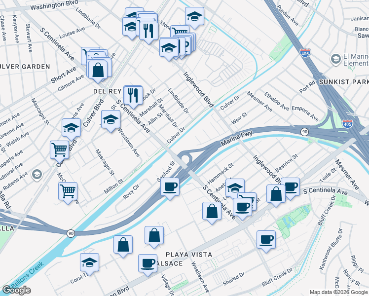 map of restaurants, bars, coffee shops, grocery stores, and more near 5000 South Centinela Avenue in Los Angeles