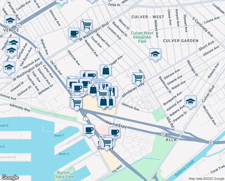 map of restaurants, bars, coffee shops, grocery stores, and more near 4338 Glencoe Avenue in Marina del Rey