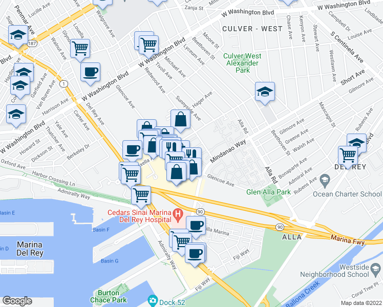 map of restaurants, bars, coffee shops, grocery stores, and more near 4314 Glencoe Avenue in Marina del Rey