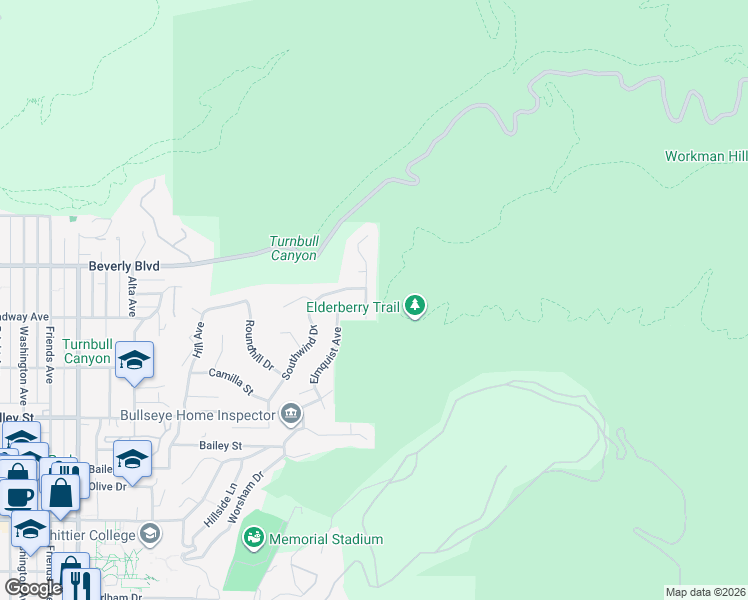 map of restaurants, bars, coffee shops, grocery stores, and more near 6136 Altmark Avenue in Whittier